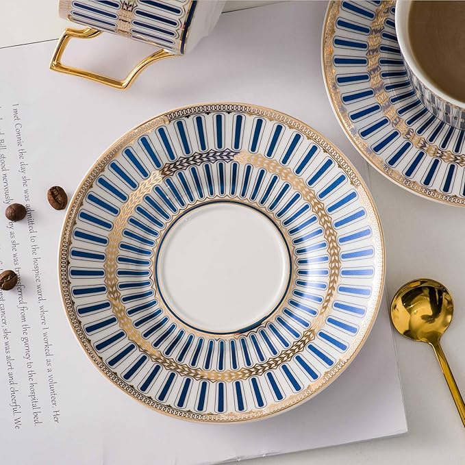 CwlwGO-Ceramic Coffe Cups and Saucer Sets,British Bone China Blue Gold Tea Cup and Saucers Service for 4,Gifts Box, China Tea Set, Tea Sets for Women and Adults.
