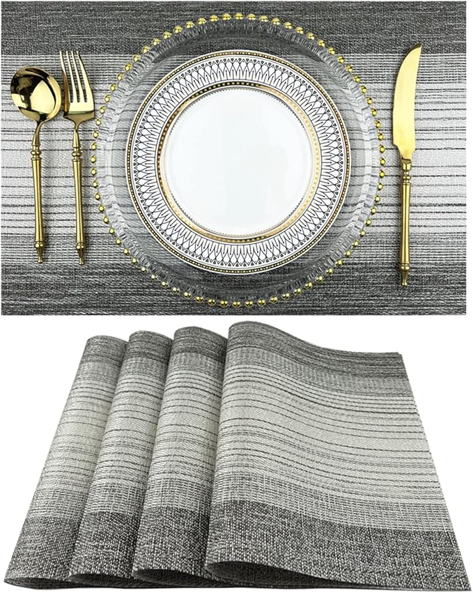 Placemat,Blending Color Durable Woven Vinyl Placemat Washable Heat-Resistant Anti-Skid Kitchen Dining Table Mats (Set of 4, Gray with Silver)
