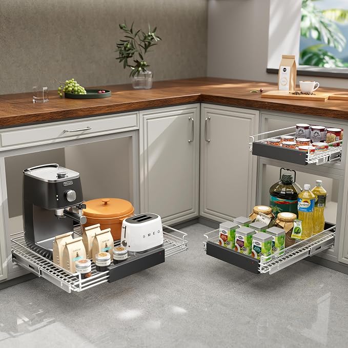 Expandable Pull Out Cabinet Organizer, Slide Out Drawers for Kitchen Cabinets, Heavy Duty Storage Drawers, Chrome Plated Cabinet Wire Shelf, Adjustable Width 12.5~20.2" W x 17.3" D×3..8“H