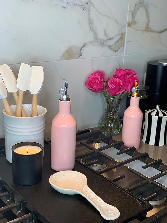Ceramic Pink Olive Oil Dispenser - Coffee Syrup & Vinegar Cruet, Weighted Pourer, Safe Storage