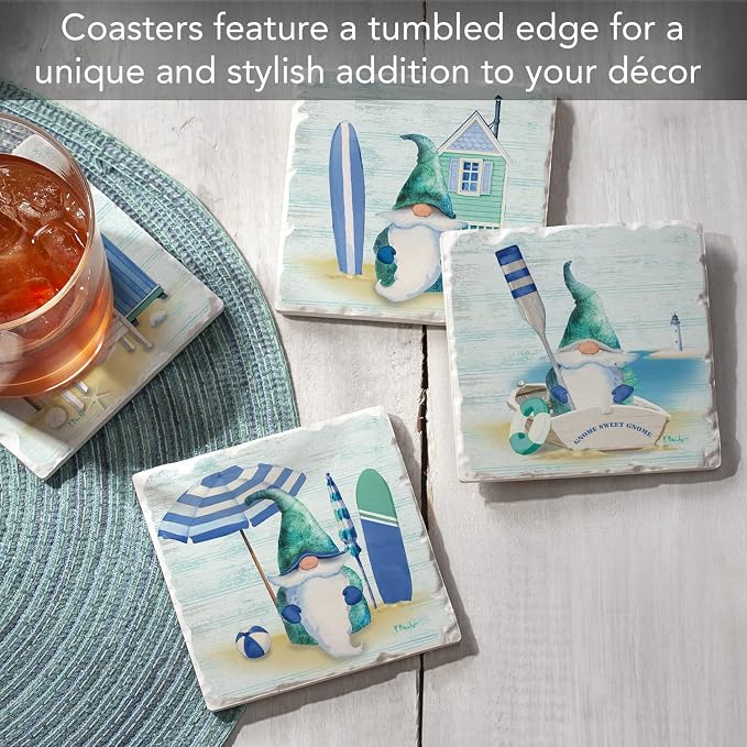 Thirstystone Coastal Gnomes 4 Pack Assorted Tumbled Tile Stone Coasters with Protective Cork Backing Manufactured in The USA Absorbent Easily Wipes Clean