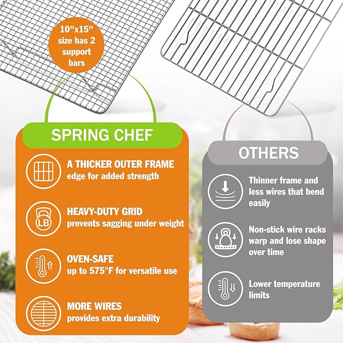 Spring Chef 10 x 15 Inch Stainless Steel Cooling Rack for Cooking & Baking - Heavy Duty Cookie Cooling Rack for Kitchen - Oven Safe - Fits Jelly Roll Pan - Dishwasher Safe