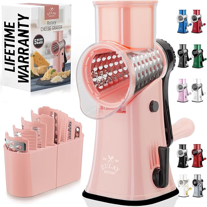 Zulay Kitchen Rotary Cheese Grater 5 Blade Cheese Shredder - Manual Hand Crank Cheese Grater With Reinforced Suction & 5 Interchangeable Drums - Easy to Use, Vegetable Chopper Round Mandoline Slicer
