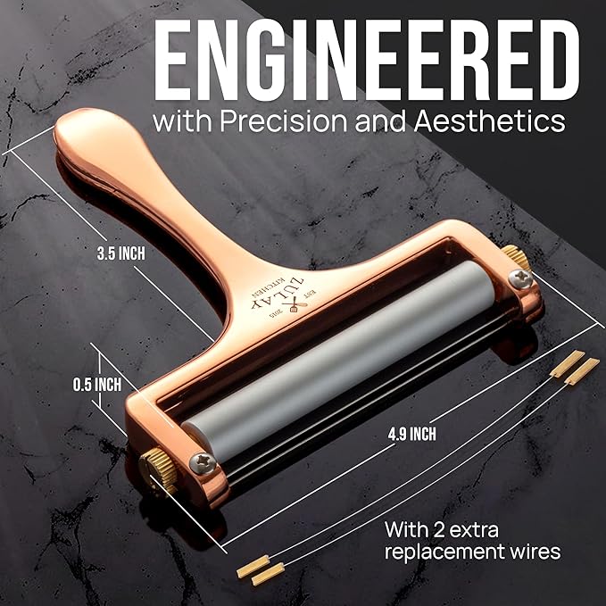 Zulay Adjustable Cheese Slicer - Wire Slicer for Mozzarella, Cheddar, Gouda - Heavy Duty With 2 Extra Wires (Rose Gold)