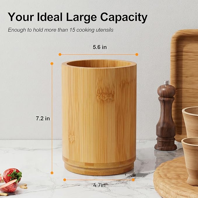 ZUJJAFY Bamboo Utensil Holder, 360° Rotating Kitchen Utensil Holder for Counter, 7.2" Large Cooking Utensil Crock for Countertop, Utensils Organizer for Cooking Spatula Storage