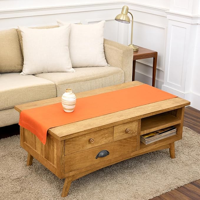 Solino Home Linen Pumpkin Table Runner 48 Inches - 100% Pure Linen Farmhouse Short Table Runner 14 x 48 Inch Ideal for Dresser and Coffee Tables - Fete