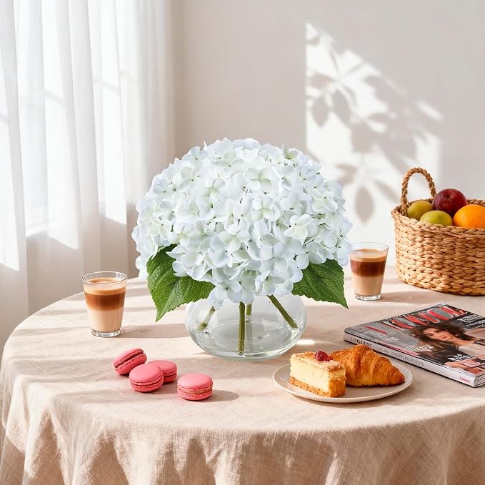 Artificial Hydrangea Flowers Arrangements in Glass Vase for Home Decoration, Faux Hydrangea Flowers for Floral Arrangements with Faux Water Wedding Bouquets Kitchen Table Centerpiece Decor