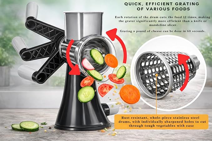 Brieftons 4-Blade Rotary Cheese Grater, Kitchen Food Cutter with Handle, Mandoline Vegetable Slicer, Nut Grinder, Hand Crank Shredder for Cheese, Vegetables, Fruits, Nuts, Easy to Use, Clean & Store