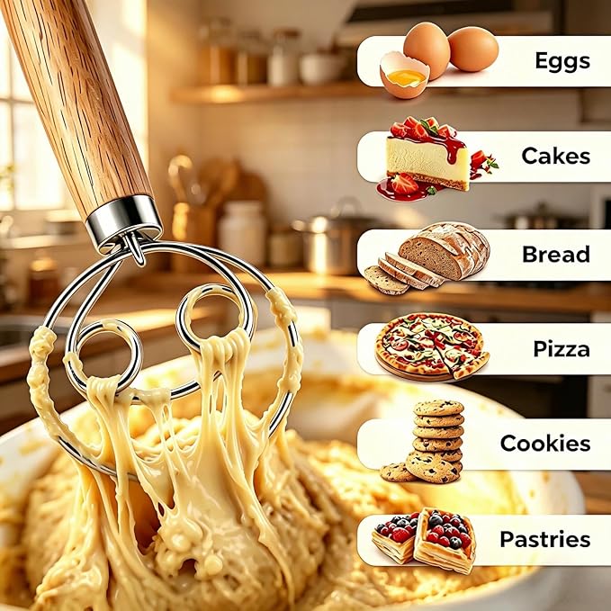 Maxjoy Danish Dough Whisk Stainless Steel Wooden Handle for Sourdough Bread Baking