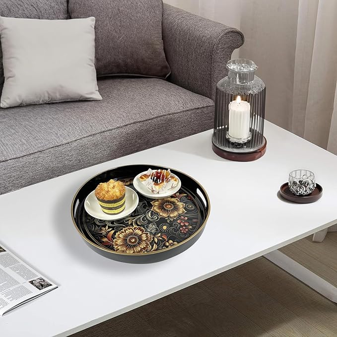 Plastic Coffee Trays,Serving Tray,Bohemian Round Tray,13" Dx 1.57" H,Lightweight and Non-Slip with Handles,Perfect for Restaurants,Cafés,and Home Use (Round)