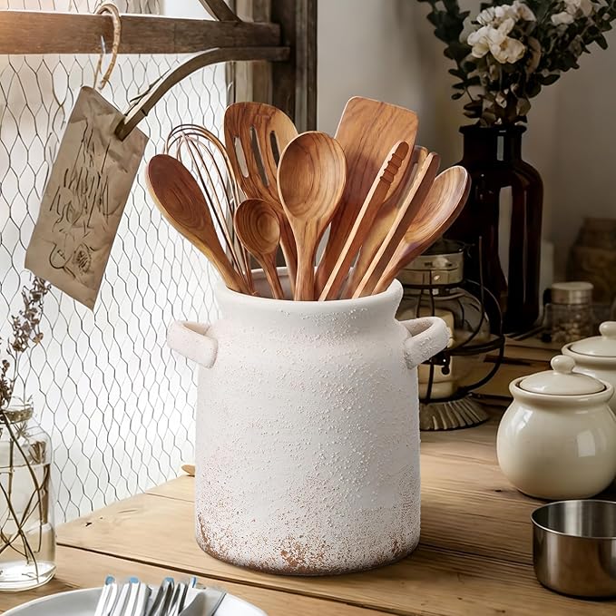 Qinyoung Rustic Kitchen Utensil Holder 6 Inch Small Ceramic Utensil Holder with Handle Vintage Crock Decoration Spatula Organizer for Kitchen Countertop Farmhouse Party Supplies(White,Textured)