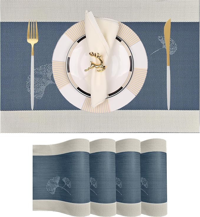 PIGCHCY Ginkgo Placemats Set of 4, Non-Slip Placemats Easy to Wipe Clean Kitchen Durable Table Mats for Home/Dining Room Decoration (Blue,18 X 12 inches)