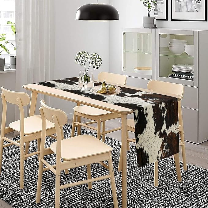 Cow Skin Print Table Runner, Cotton Linen Rustic Cottage Country Farm Animal Fur Skin Pattern Western Style Brown Cowhide Print Dinner Runner for Home Kitchen Dining Table Decoration 13x108 Inch