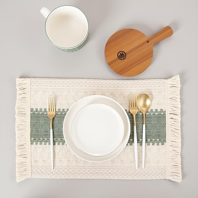 Green Placemats Set of 4 Macrame Table Decor with Fringe Boho Farmhouse Woven Table Placemats in Natural Burlap for Kitchen and Dining Table Centerpiece Home Decorations