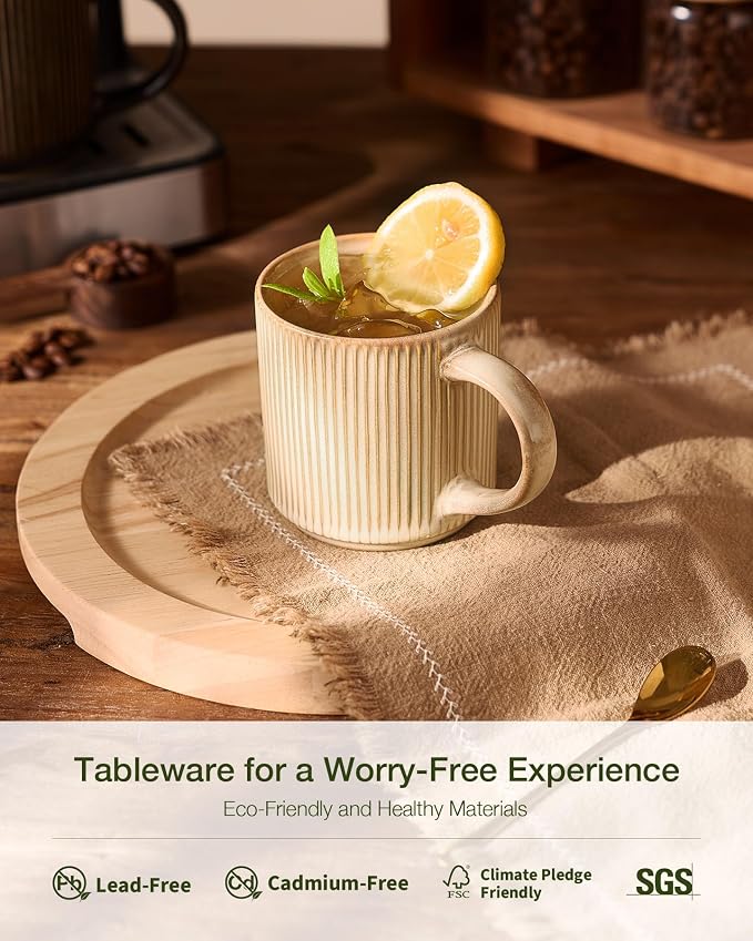 famiware Coffee Mug Set for 4, Star 12 oz Catering Mugs Cup Set with Handle for Coffee, Tea, Cocoa, Milk - Ceramic Stoneware Drinkware Set, Cream