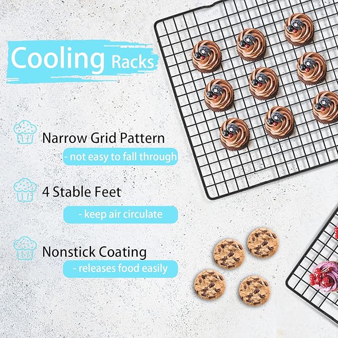 Tebery 2 Pack Black Heavy Duty Wire Cooking Rack Baking Racks, 16" x 10" Nonstick Baking & Cooling Grid for Roasting, Cooking, Grilling, Drying