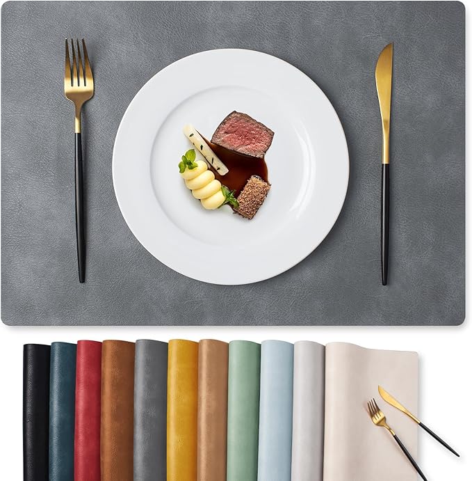 MOSAYT Vinyl Placemats Set of 8-12 X 17 Inch - Faux Leather 100% Waterproof Oil-Proof Wipeable PU Place Mats, Heat Resistant Reversible Table Mats for Kitchen, Dining, Outdoor, Grey