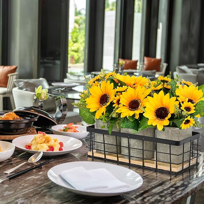 3 Potted Artificial Plants Flowers for Home Decor Indoor, Centerpiece Table Decorations for Dining Room and Coffee Table, Yellow