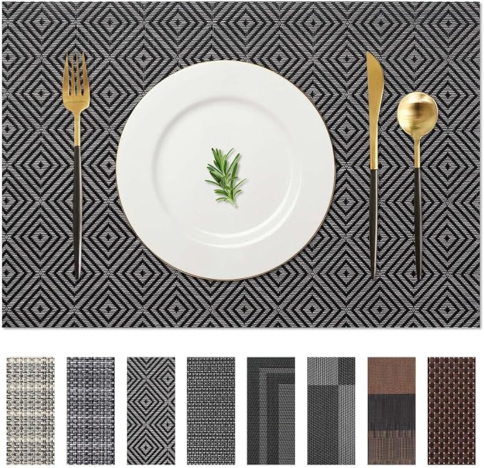AHHFSMEI Placemats Set of 4 Washable Woven Vinyl Placemats for Dining Table Heat Resistant Non-Slip Stain Resistant Table Mats for Kitchen & Home Decor(Black Grey Checker,4)