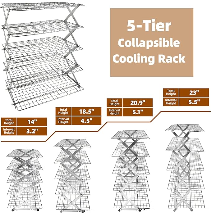 5 Tier Collapsible Cooling Rack with Adjustable 6 Setting Design stackable wire rack for baking sheet for Cookies Baking Gifts for Women
