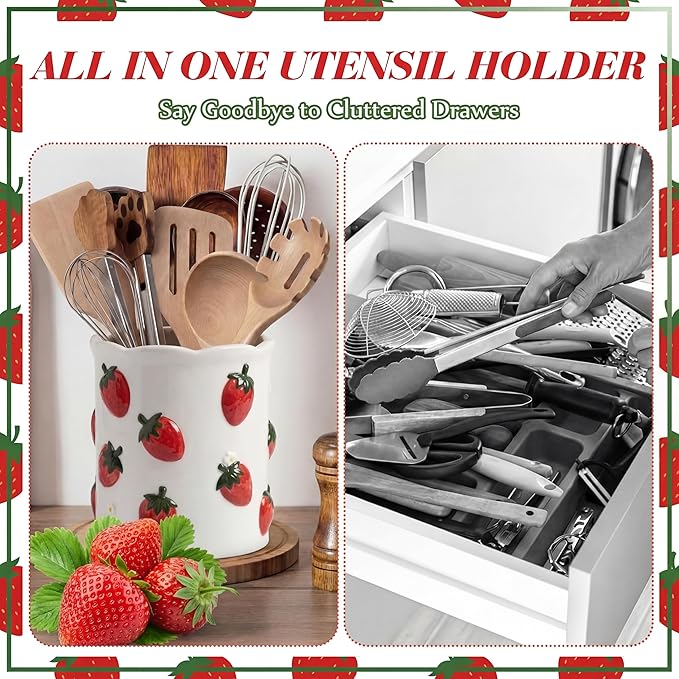 LemonRoad Strawberry Utensil Holder for Kitchen Counter,Ceramic Cooking Utensil Crock Modern Farmhouse Countertop Organizer for Spatula Ladle Kitchen Counter Decor