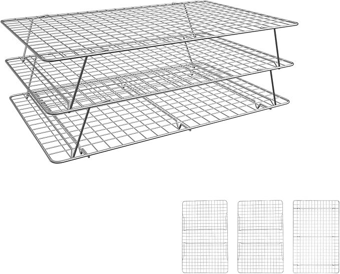 Cooling Rack, 3 Tier Stackable Cooling Racks for Cooking Baking Roasting, Multi-Level Collapsible Cookie Rack for Cakes, Oven Safe & Easy Clean (Silver, 3-Tier-SL)