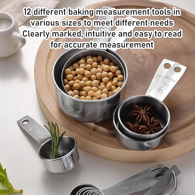 Tablespoons Measuring Set, 12 Pcs Stainless Steel Measuring Cups Spoons Set Kitchen Measuring Tools for Cooking Baking Precise Measurement for Home Bakers Professional Chefs
