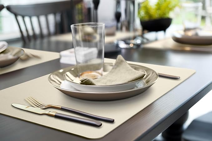 More Décor Faux Leather Placemats Set of 6 for Dining Table – Waterproof, Wipeable, Washable, Stain & Heat Resistant, Non-Slip Table Mats – 12 X 17 Inch, (Solid Ivory, 6)