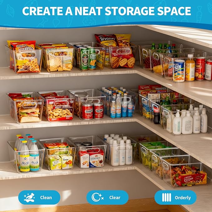 6 Pack Clear Stackable Storage Bins with Lids, Large Plastic Pantry Organizers and Storage Containers for Kitchen Cabinet, Fridge, Closet, Bathroom - BPA-Free Home Organization Must Haves