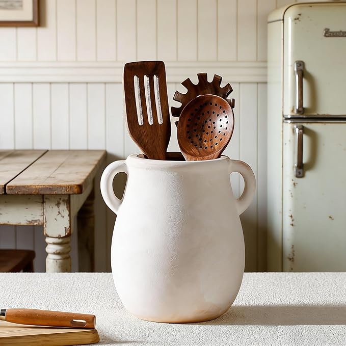 Rustic Kitchen Utensil Holder for Countertop, Ceramic Utensil Crock for Kitchen Counter,Farmhouse Spatula Organizer for Countertop, Vintage Crock Decor, Ideal Housewarming Gift (White)