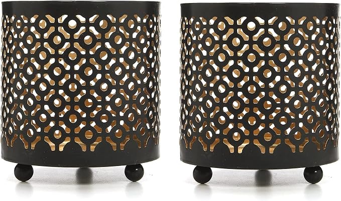 Hosley Set of 2 Black (Gold Inside) Metal Jar Holder Candle Sleeve 4.5" High. Votive, Tea Light Lanterns Ideal Gift for Weddings, Parties, Spa and Aromatherapy O6