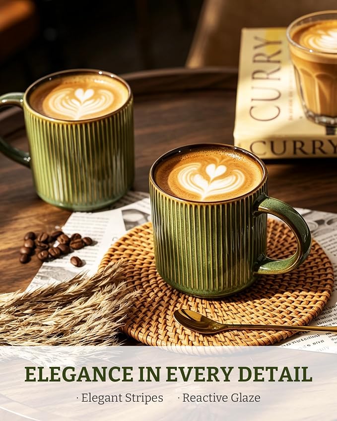 famiware Coffee Mug Set for 6, Star 12 oz Catering Mugs Cup Set with Handle for Coffee, Tea, Cocoa, Milk - Ceramic Stoneware Drinkware Set, Moss