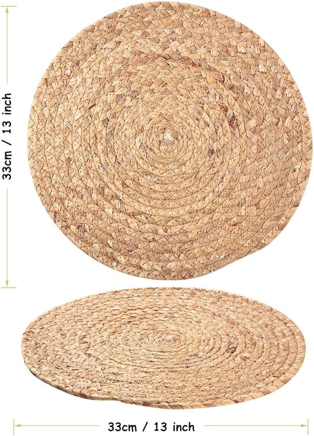 6 Pack Round Woven Placemats,13 inch Plate Chargers Natural Wicker Placemats Water Hyacinth Straw Braided Tablemats Rattan Tablemats Rustic Weave Placemats for Dining Table