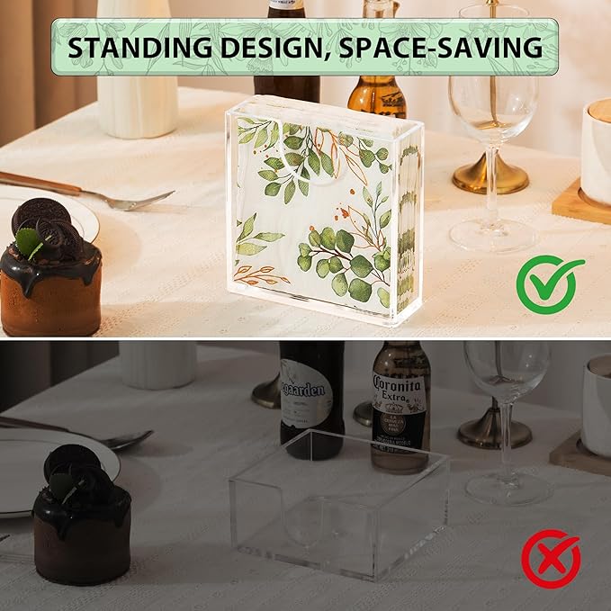 Clear Acrylic Napkin Holder for Table, Elegant Non-Slip Guest Towel Tray for Bathroom, Waterproof Vertical Tissue Dispenser for Kitchen, Dining, Bar, Office or Restaurant Square with rounded corners