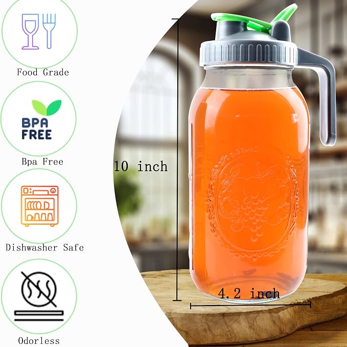 Cold Brew Mason Jar Iced Coffee Tea Maker 64 Oz Wide Mouth Glass Pitcher Half Gallon With 304 Stainless Steel Filter Food Grade Airtight & Leak-Proof Pitcher 2 Quart