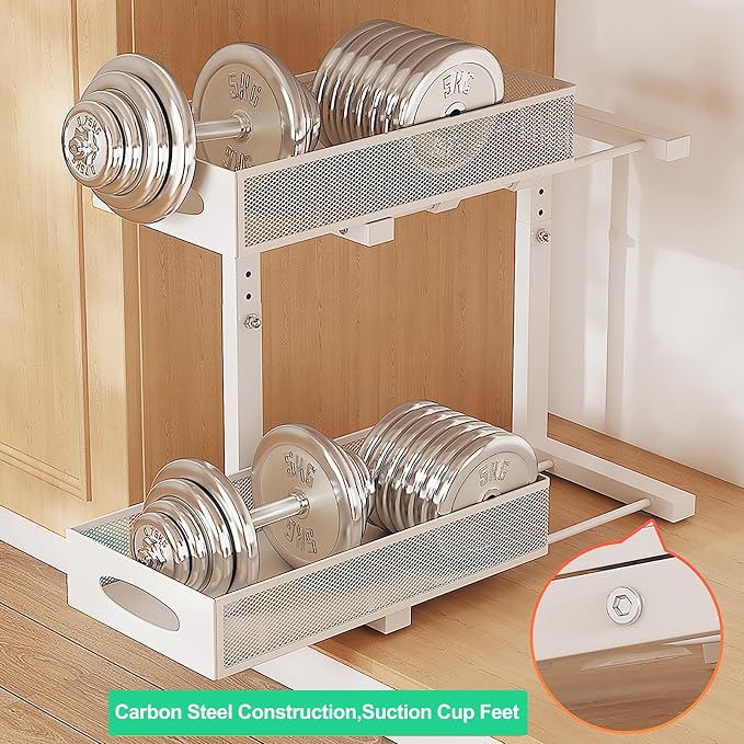 Under Sink Organizer, Pull Out Cabinet Organizer, White | Rustproof Carbon Steel, 2 Tier Mesh Sliding Drawers, 5-Level Height Adjustable to Bypass Pipes, for Kitchen Bathroom Laundry