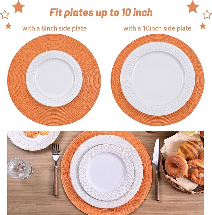 Feuille Round Braided Placemats Set of 4 Place Mats for Dining Table Woven Washable Non-Slip Table Mats 13.5 Inch Orange 4pcs