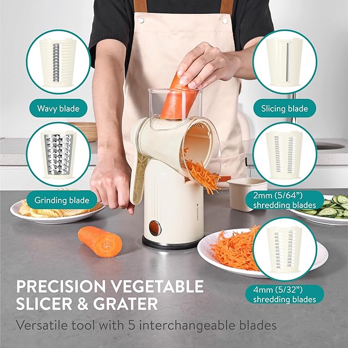 Navaris Rotary Cheese Grater with 5 Blades - Vegetable Shredder, Strong Suction Base, Mandoline Slicer for Fruit, Nuts, Dishwasher Safe, with Storage Box, Easy to Clean, Cream