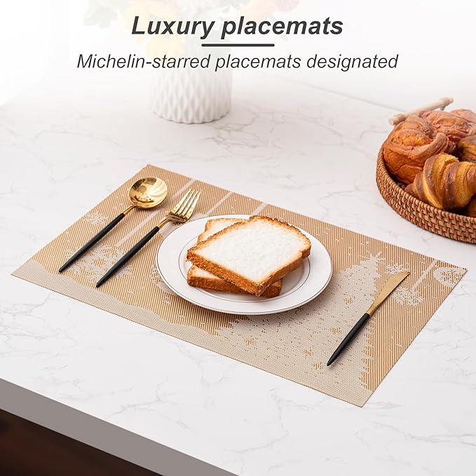 CADONO Placemats Set of 4 Washable Indoor/Outdoor Vinyl Place Mats for Dining Table Durable Non-Slip Heat Resistant PVC Weave Table Mats（Christmas Tree-Gold）