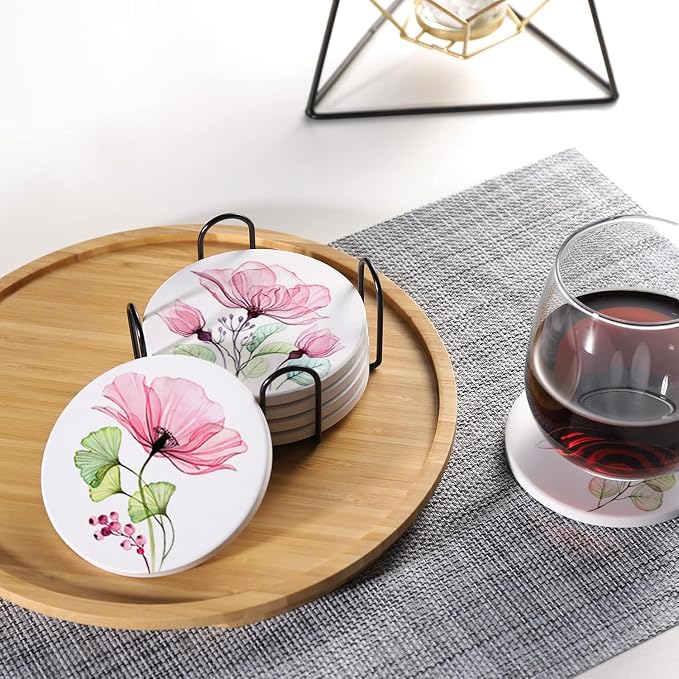 Drink Coasters for Drinks Set of 6, Watercolor X-ray Roses and Eucalyptus Absorbent Round Ceramic Stone Mat Coaster, with Cork Base and Metal Holder, Home Bar Decor House Warming Gift