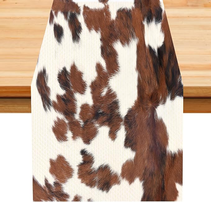 Cow Skin Print Table Runner, Cotton Linen Rustic Cottage Country Farm Animal Fur Skin Pattern Western Style Brown Cowhide Print Dinner Runner for Home Kitchen Dining Table Decoration 13x60 in