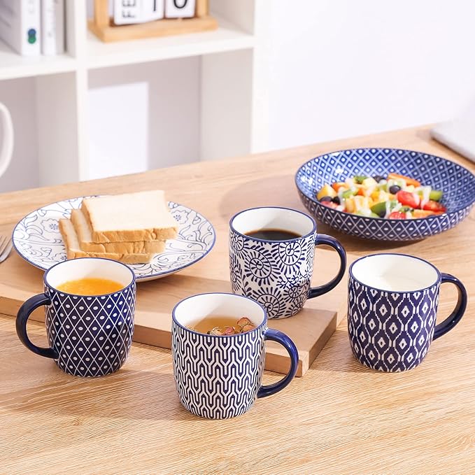 Selamica 10 OZ Coffee Mugs Set of 4, Small Coffee Cups Ceramic with Handle for Cappuccino Latte Cocoa Milk, Dishwasher Microwave Safe,Vintage Blue