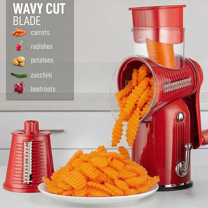 Zulay Kitchen Rotary Cheese Grater 5 Blade Cheese Shredder - Manual Hand Crank Cheese Grater With Reinforced Suction & 5 Interchangeable Drums - Easy to Use, Vegetable Chopper Round Mandoline Slicer