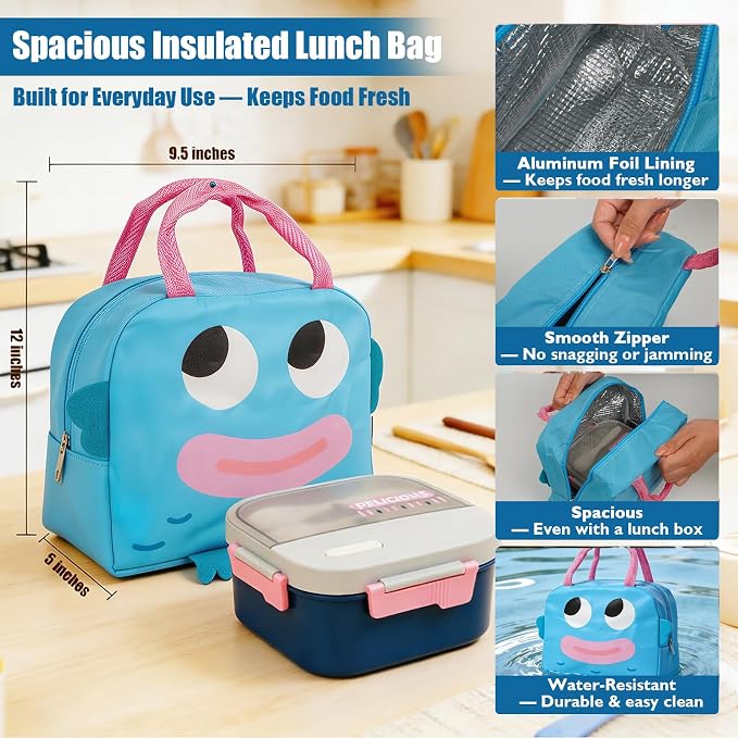 Adult Lunch Bento Box with Insulated Lunch Bag, 50oz Lunch Container with 3 Sauce Containers/20oz Bottle/Utensils, Lunchbox for Women Men, Leak-Proof/BPA-Free/Microwave/Dishwasher Safe(Blue)