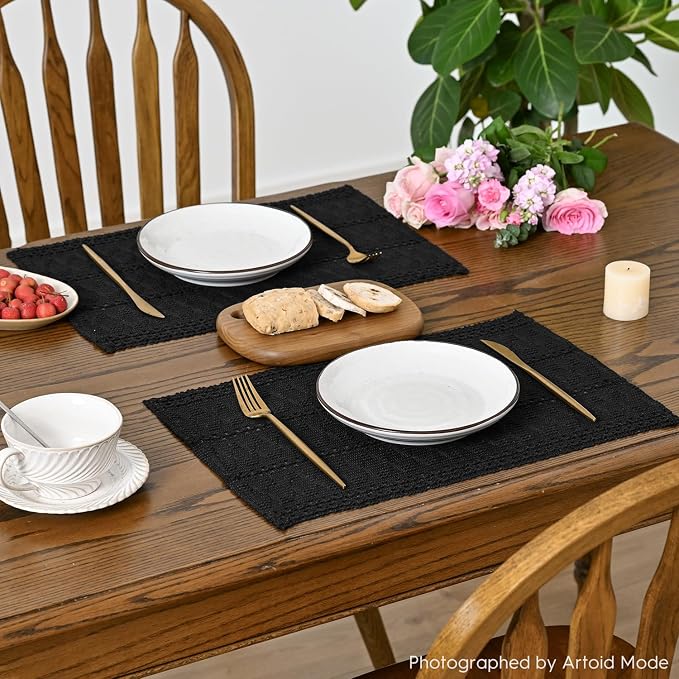 Artoid Mode Black Farmhouse Woven Rustic Hollow Placemats Set of 4,12x18 Inch Seasonal Holiday Table Mats Party Kitchen Dining Decoration