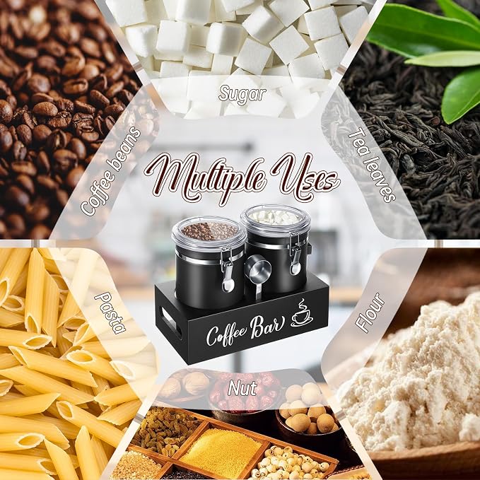 Maxcheck 2 Pcs 66 oz Coffee Sugar Canisters with Shelf & Scoop, Easter Gifts Airtight Stainless Steel Container with Lids, Home Kitchen Food Storage Jars for Grounds, Beans, Tea, Cereal(Black)
