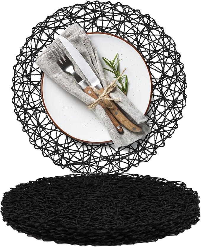 AHHFSMEI Paper Braided Round Placemats Set of 6 Natural Non-Slip Heat Resistant Table Mats for Dining Tables Woven Indoor & Outdoor Place mats(Black)