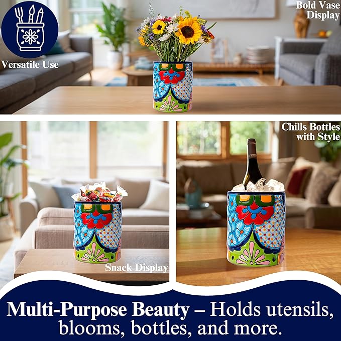 Talavera Utensil Holder - Hand Painted Ceramic Spoon Crock - Colorful Utensil Crock - Large Mexican Spoon Rest 6" H (Cobalt Blue)