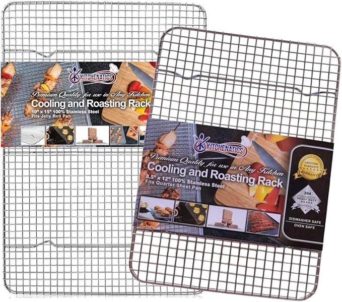 KITCHENATICS Stainless Steel Cooling, Baking & Roasting Racks - Heavy Duty Wire Metal Racks, Oven, Grill & Dishwasher Safe (2 Pack - 1 for Jelly Roll Pans 10" x15” & 1 for Quarter Sheet Pans