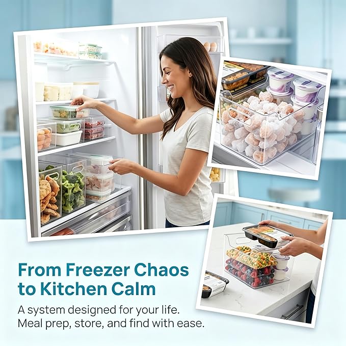 4 Pack Crystal Clear Freezer Storage Bins, Mixed Size Clear Bins for Organizing, Stackable Plastic Storage Bins with Handles, Kitchen Organizer for Refrigerator, Pantry, Cabinet (4s)